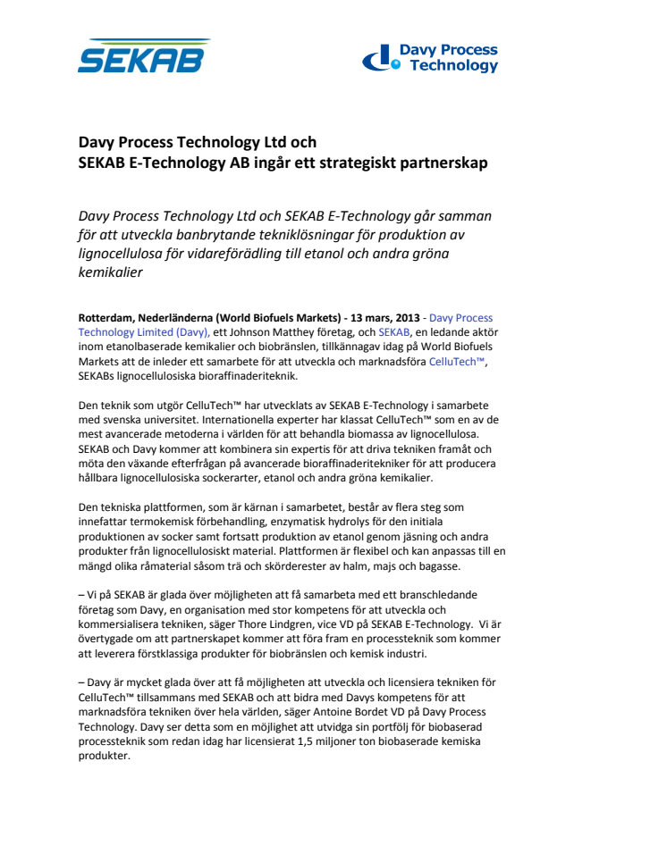Davy Process Technology Ltd och SEKAB E-Technology AB ingår ett strategiskt partnerskap
