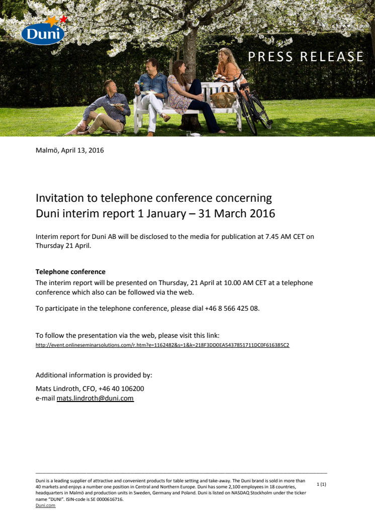 Invitation to telephone conference concerning Duni interim report 1 January – 31 March 2016