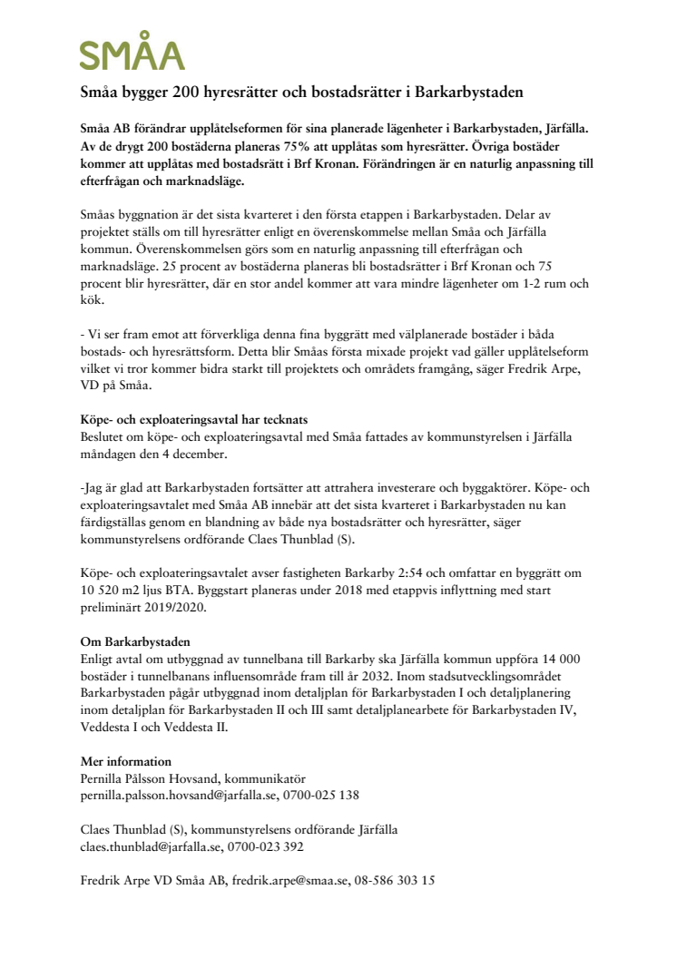 Småa bygger 200 hyresrätter och bostadsrätter i Barkarbystaden