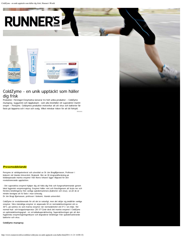 ColdZyme - en unik upptäckt som håller dig frisk (Artikel: Runners World 11/2010)