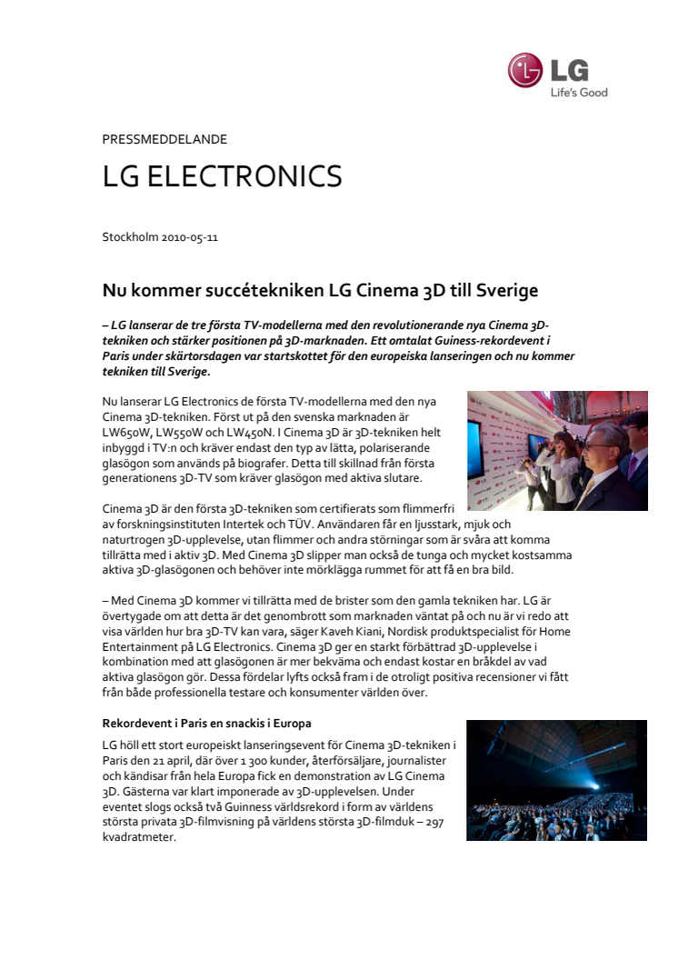 Nu kommer succétekniken LG Cinema 3D till Sverige