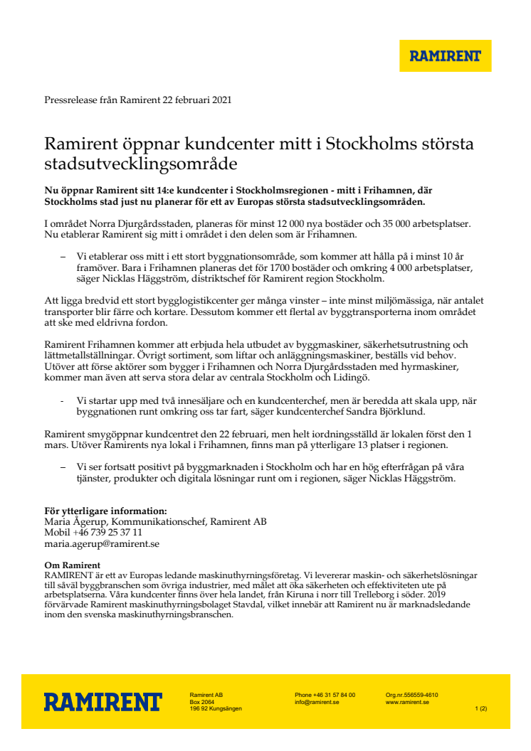 Ramirent öppnar kundcenter mitt i Stockholms största stadsutvecklingsområde