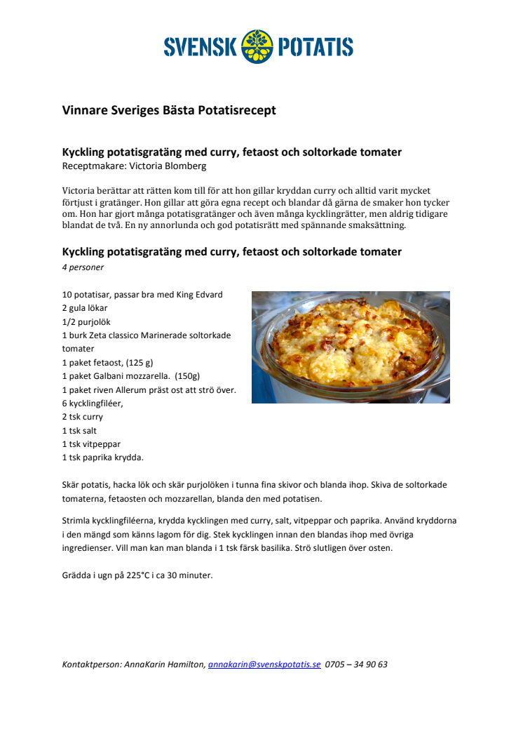 Månadens recept april - Kyckling potatis gratäng med curry, fetaost och soltorkade tomater 