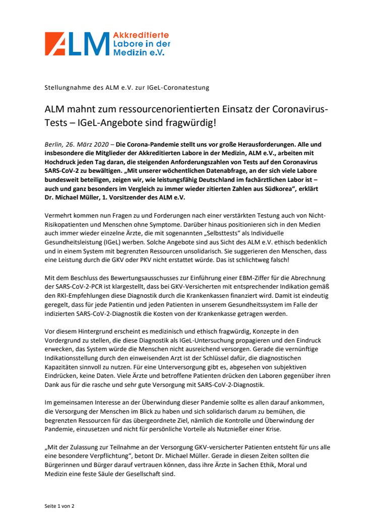 Pressemitteilung ALM e.V.: Stellungnahme zur IGeL-Coronatestung 