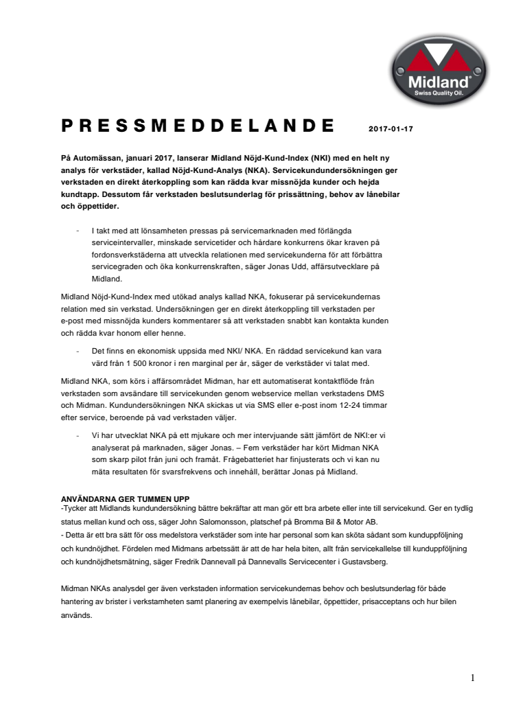 Midland lanserar kundnöjdhetsmätning på Automässan för framtidens verkstad.