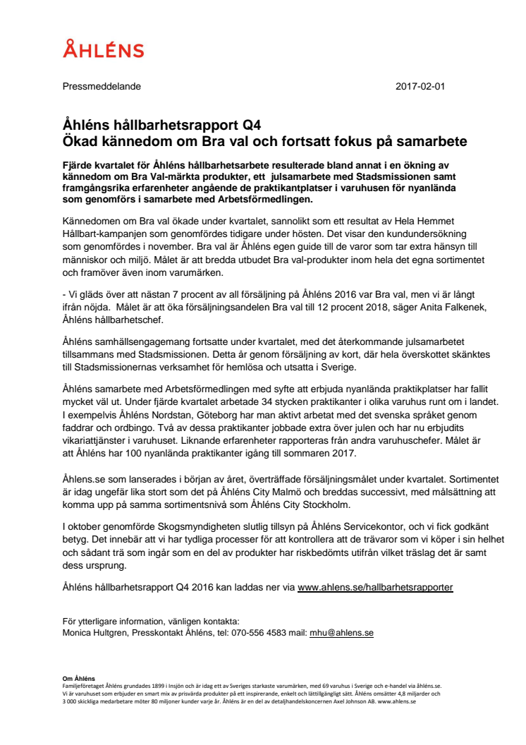 Åhléns hållbarhetsrapport Q4 -  Ökad kännedom om Bra val och fortsatt fokus på samarbete