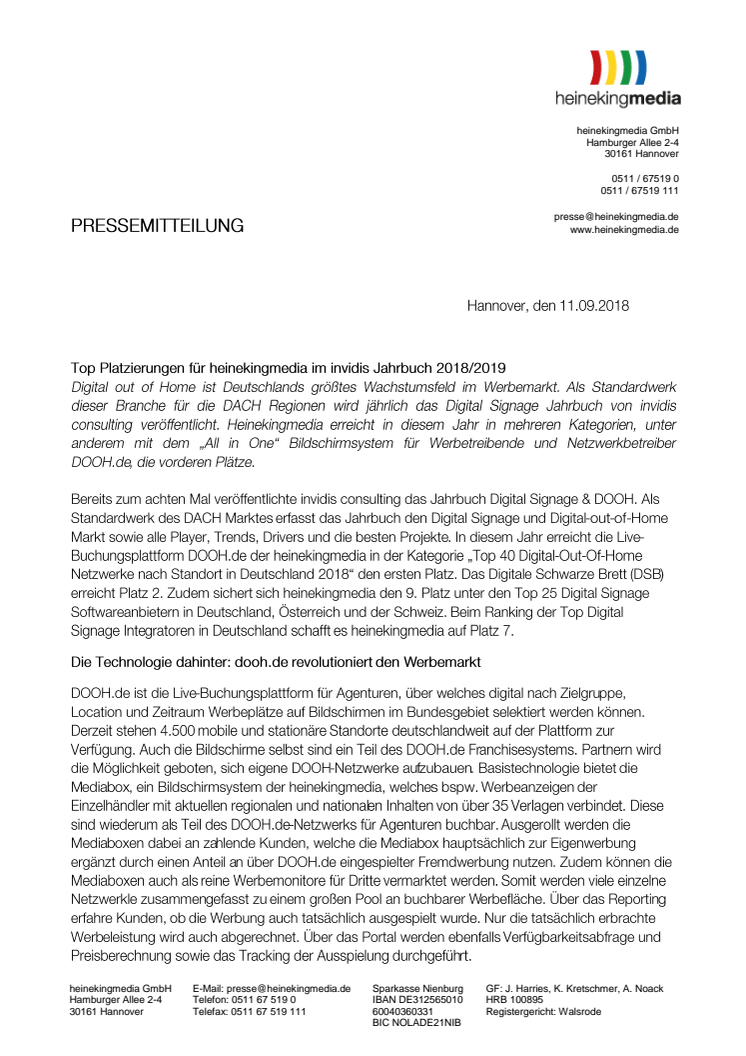 Top Platzierungen für heinekingmedia im invidis Jahrbuch 2018/2019