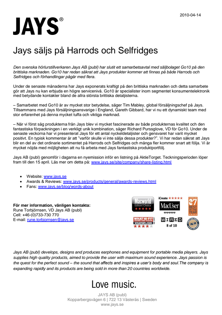 Jays säljs på Harrods och Selfridges
