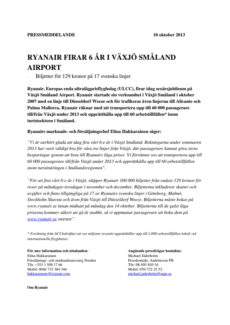 Ryanair firar sex år på Växjö Småland Airport