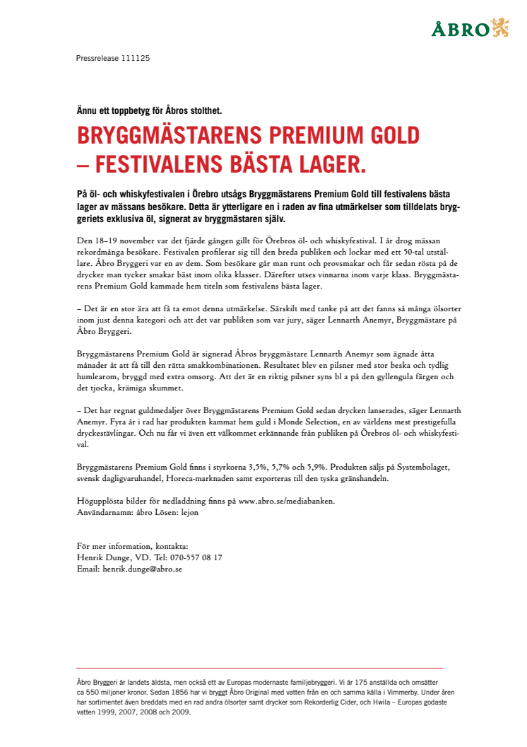 Bryggmästarens Premium Gold – festivalens bästa lager
