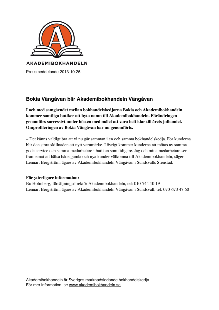 Bokia Vängåvan blir Akademibokhandeln Vängåvan