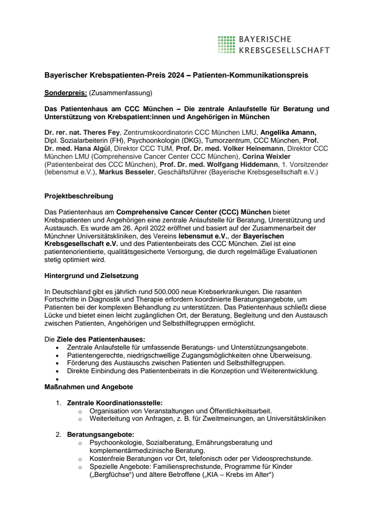 Sonderpreis: Das Patientenhaus am CCC München – Die zentrale Anlaufstelle für Beratung und Unterstützung von Krebspatient:innen und Angehörigen in München