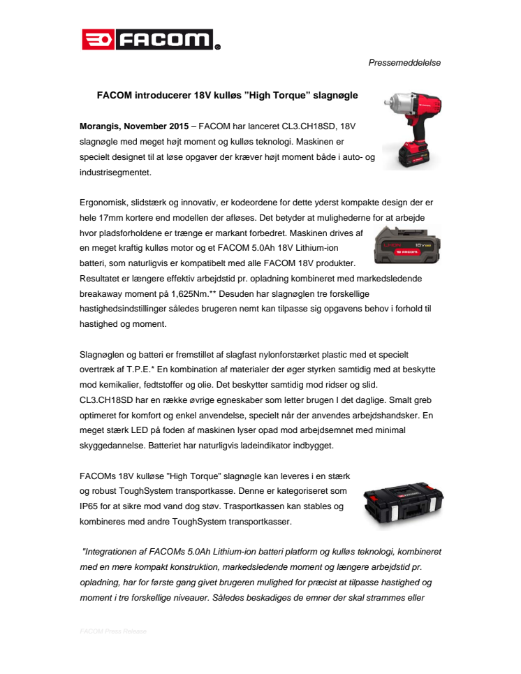 FACOM introducerer 18V kulløs ”High Torque” slagnøgle