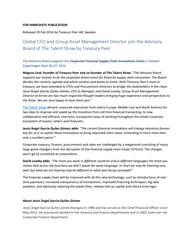 Global CFO and Group Asset Management Director join the Advisory Board of The Talent Show by Treasury Peer 