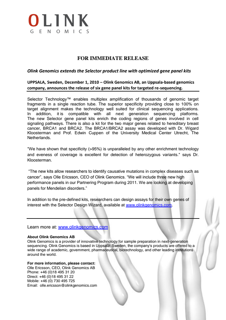 Olink Genomics extends the Selector product line with optimized gene panel kits