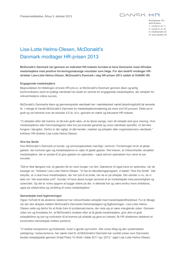 Lise-Lotte Helms-Olesen, McDonald’s Danmark modtager HR-prisen 2013