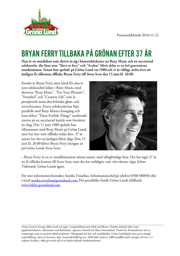 Bryan Ferry tillbaka på Grönan efter 37 år