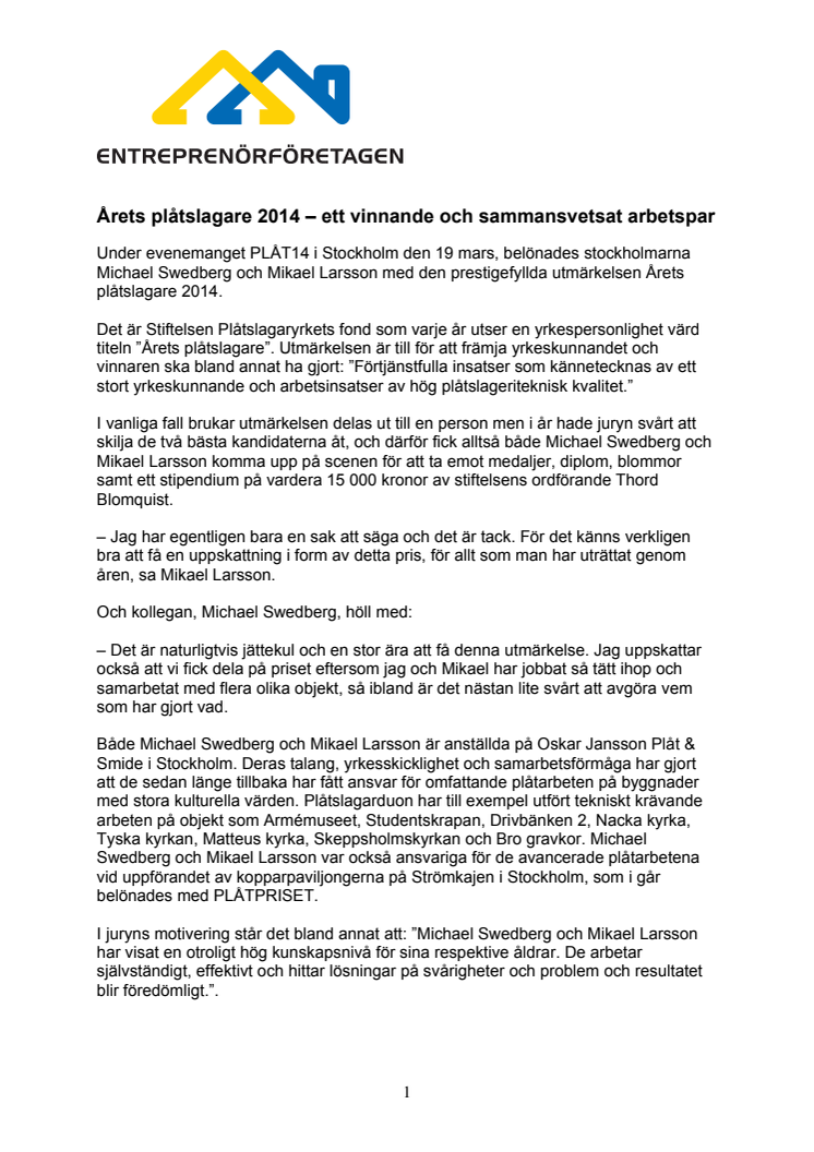 Årets plåtslagare 2014 – ett vinnande och sammansvetsat arbetspar