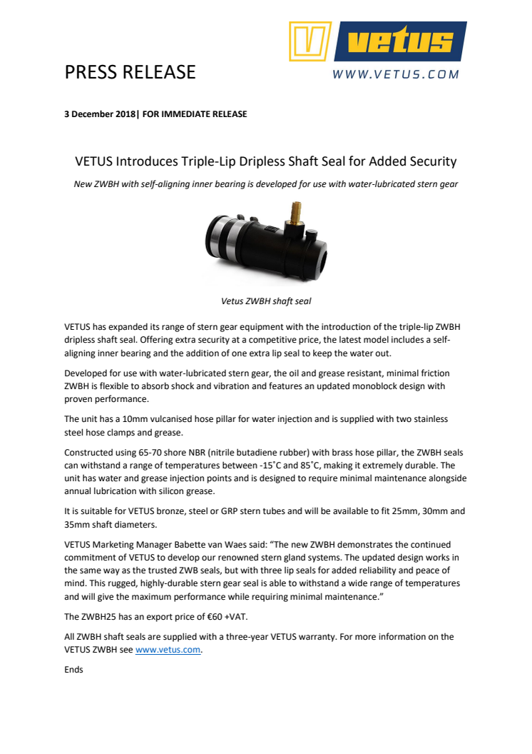 VETUS Introduces Triple-Lip Dripless Shaft Seal for Added Security