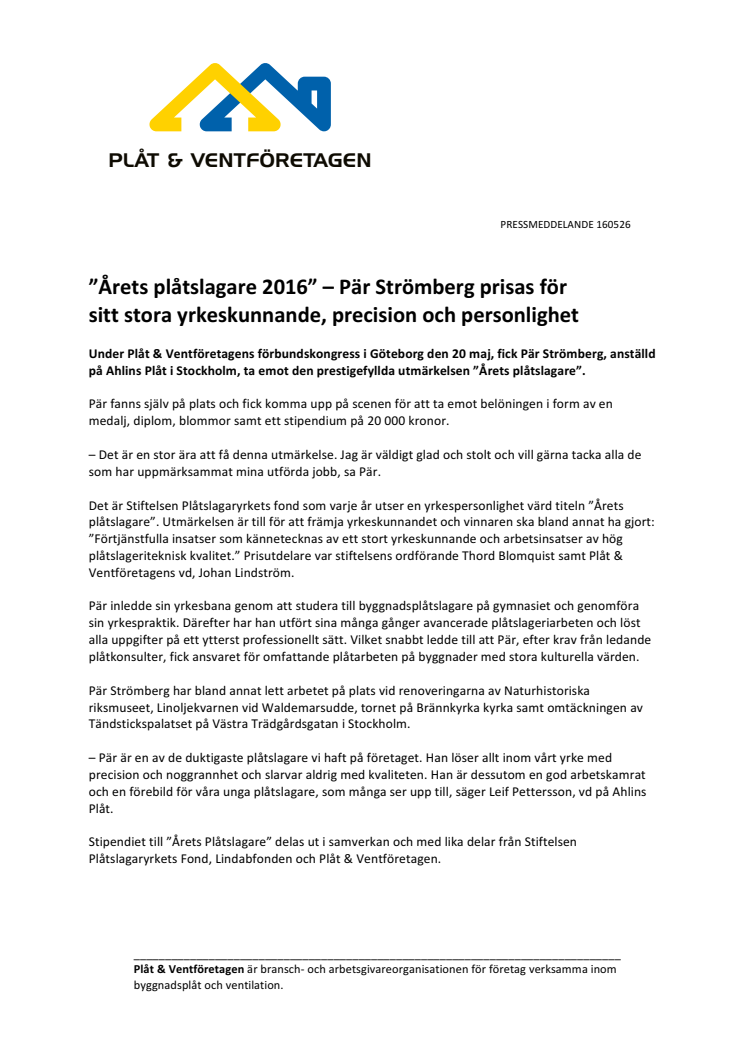 ”Årets plåtslagare 2016” – Pär Strömberg prisas för sitt stora yrkeskunnande, precision och personlighet