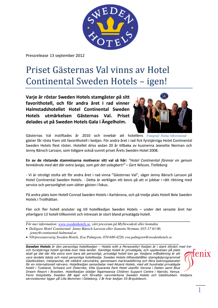 Priset Gästernas Val vinns av Hotel Continental Sweden Hotels – igen!