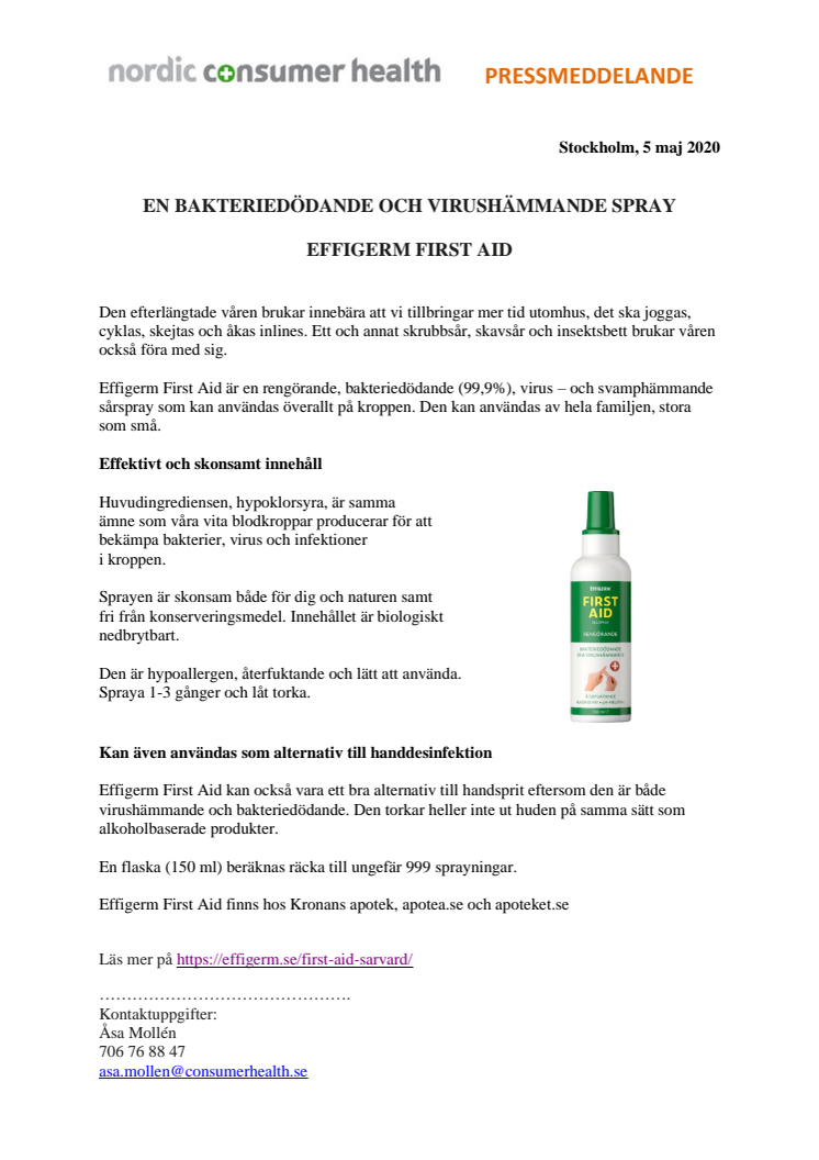EN BAKTERIEDÖDANDE OCH VIRUSHÄMMANDE SPRAY - EFFIGERM FIRST AID