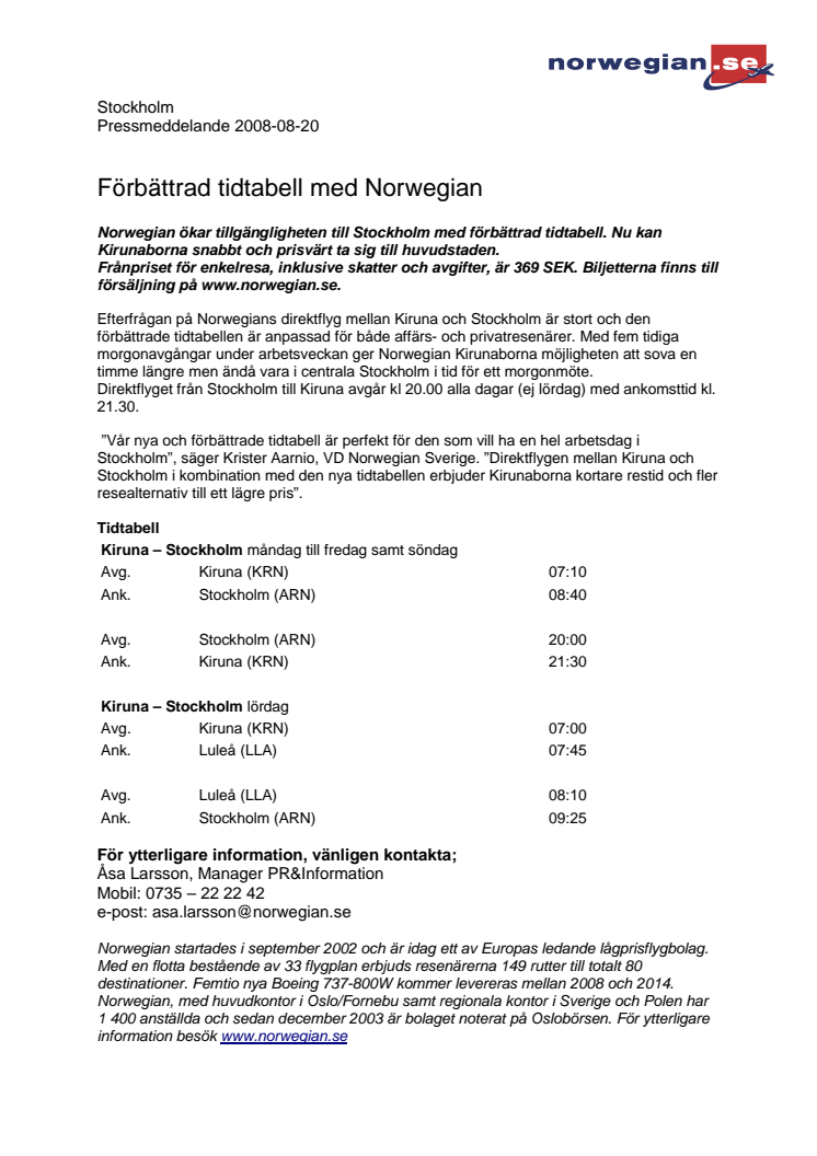 Förbättrad tidtabell med Norwegian