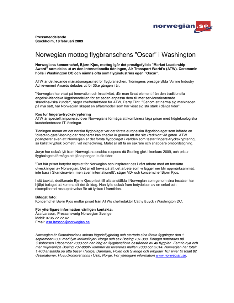 Norwegian mottog flygbranschens "Oscar" i Washington