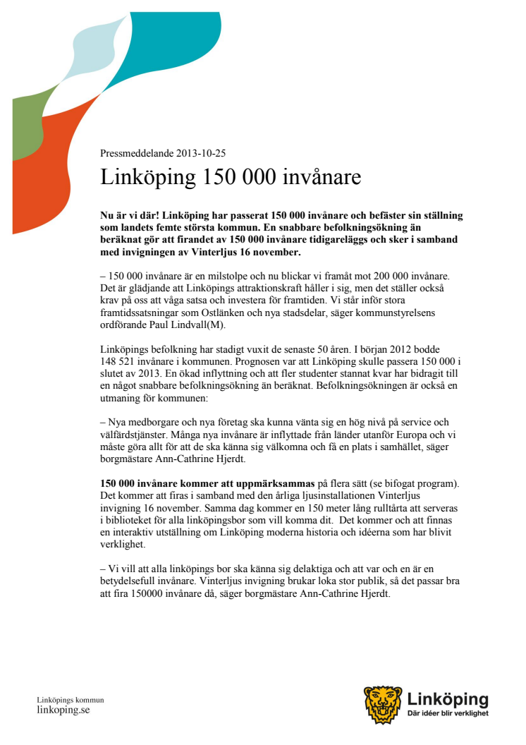 Linköping har blivit 150 000 invånare