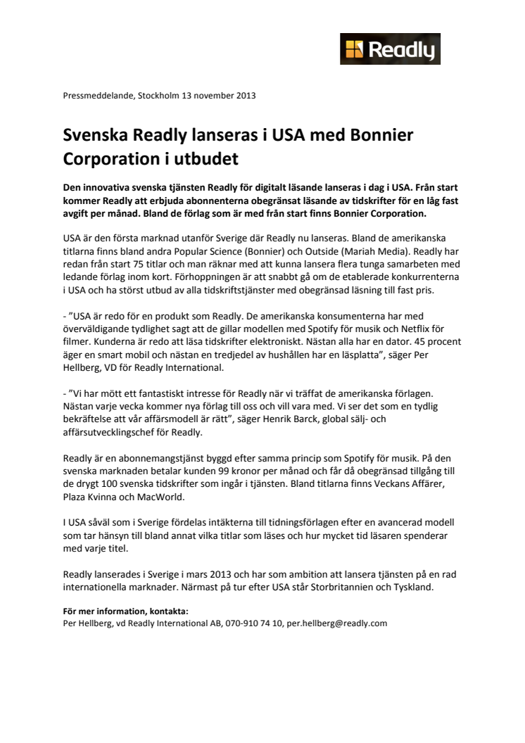 Svenska Readly lanseras i USA med Bonnier Corporation i utbudet
