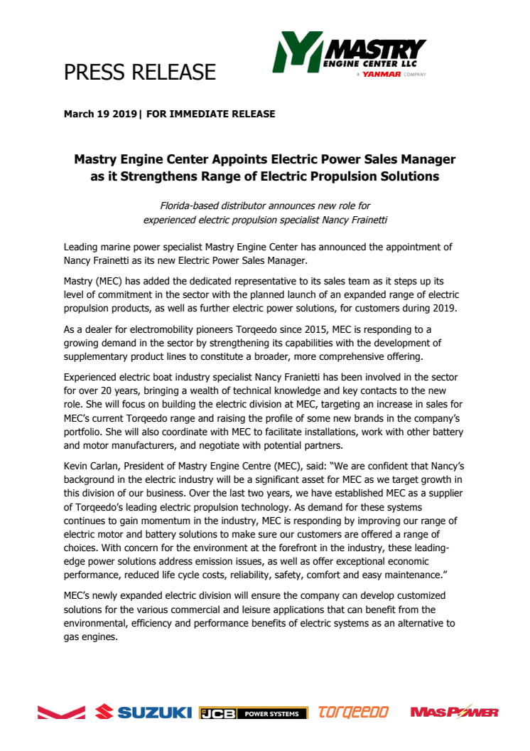 Mastry Engine Center Appoints Electric Power Sales Manager as it Strengthens Range of Electric Propulsion Solutions