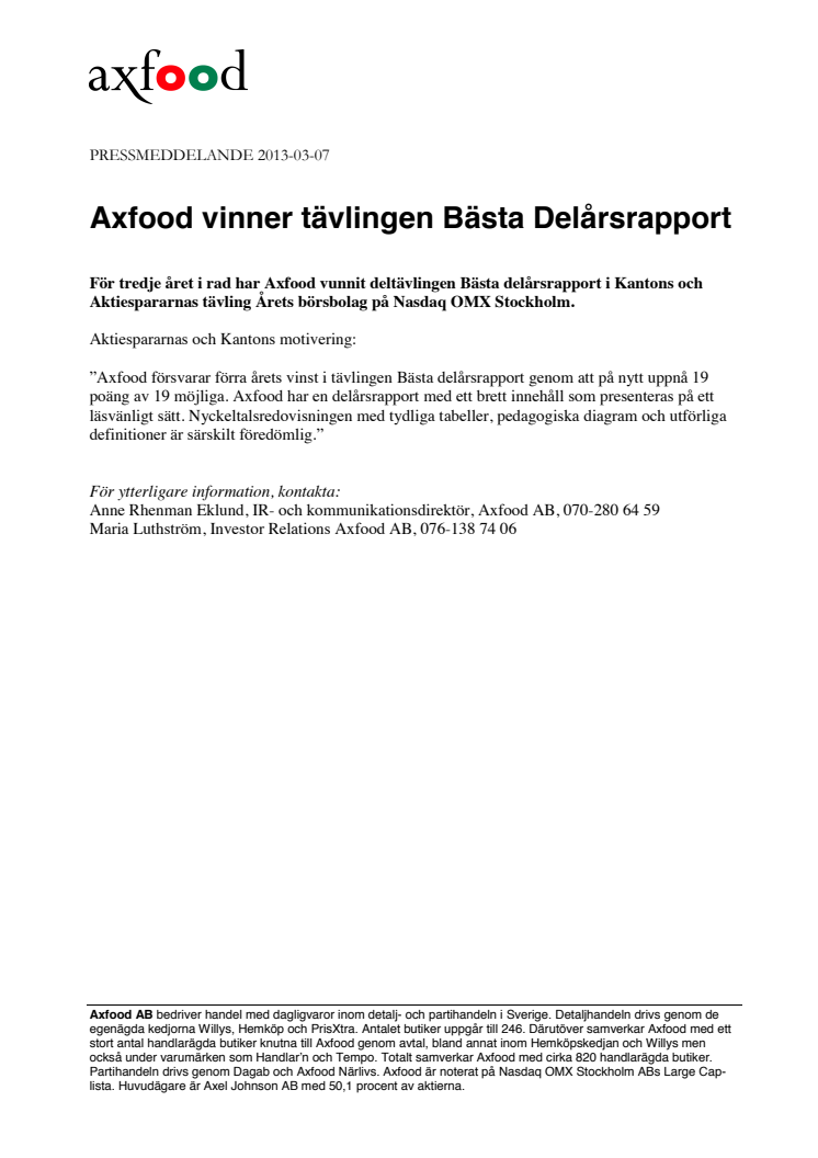 Axfood vinner tävlingen Bästa Delårsrapport 