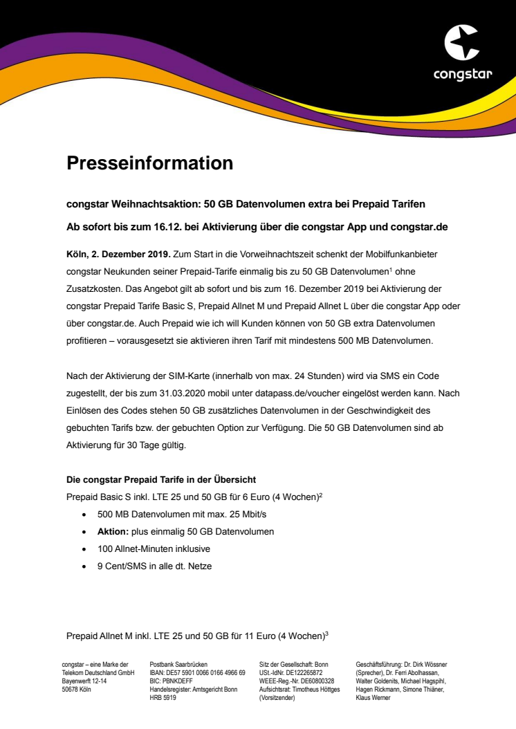 congstar Weihnachtsaktion: 50 GB Datenvolumen extra bei Prepaid Tarifen