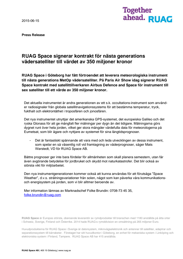 RUAG Space signerar kontrakt för nästa generations vädersatelliter till värdet av 350 miljoner kronor