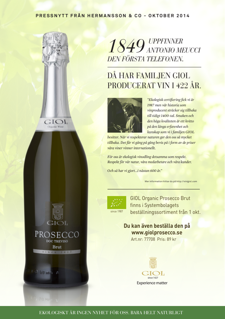 GIOL Organic Prosecco Brut - en ren ekologisk Prosecco från Italiens äldsta vinproducent