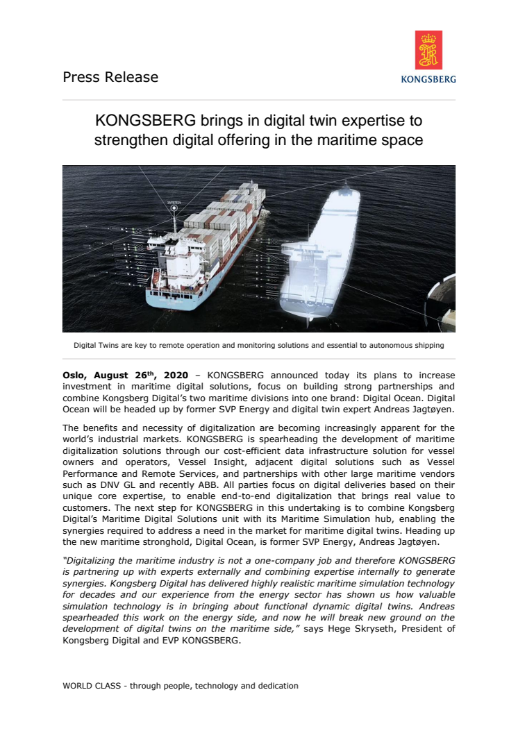 KONGSBERG brings in digital twin expertise to strengthen digital offering in the maritime space