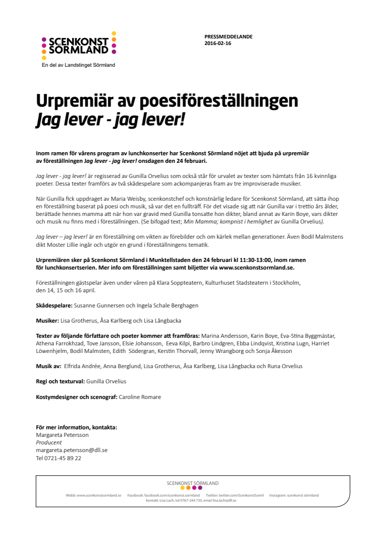 Urpremiär av poesiföreställningen Jag lever - jag lever!
