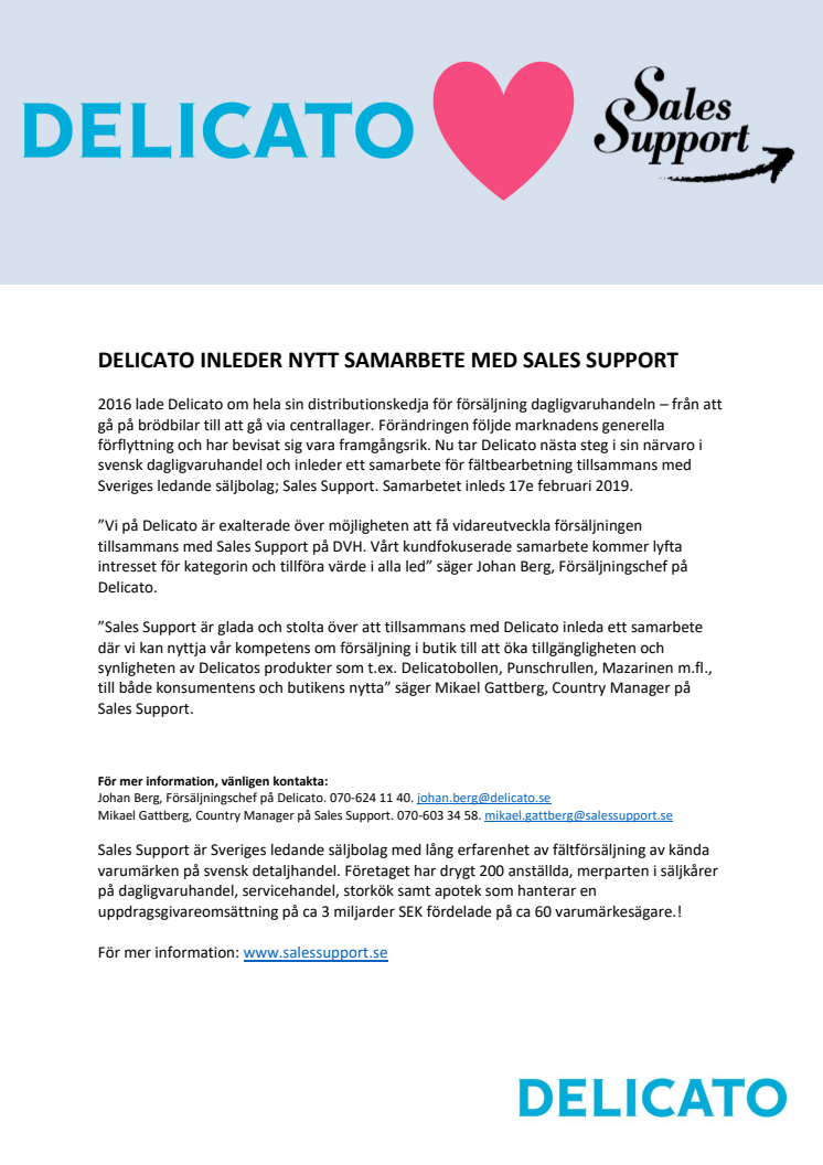 DELICATO INLEDER NYTT SAMARBETE MED SALES SUPPORT