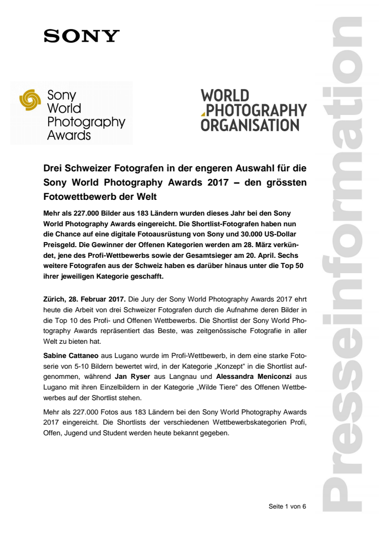 Drei Schweizer Fotografen in der engeren Auswahl für die Sony World Photography Awards 2017 – dem grössten Fotowettbewerb der Welt