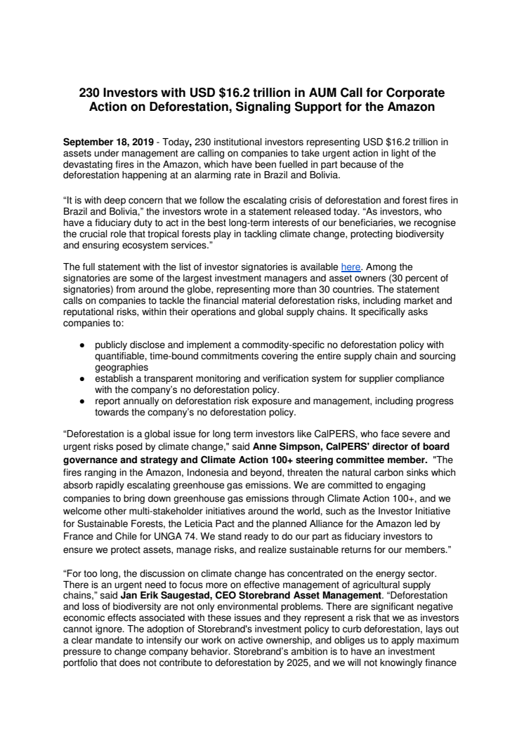 230 Investors with USD $16.2 trillion in AUM Call for Corporate Action on Deforestation, Signaling Support for the Amazon