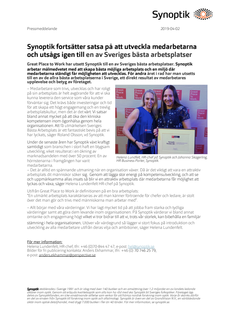 Synoptik fortsätter satsa på att utveckla medarbetarna  och utsågs igen till en av Sveriges bästa arbetsplatser