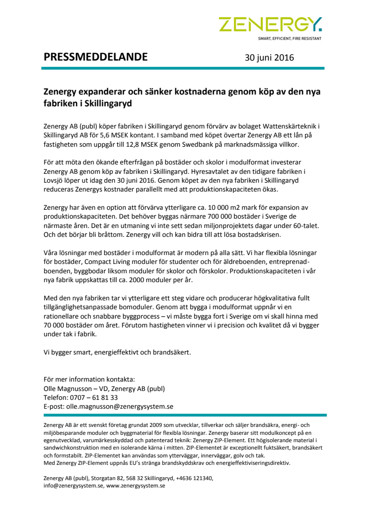 Zenergy expanderar och sänker kostnaderna genom köp av fabrik i Skillingaryd