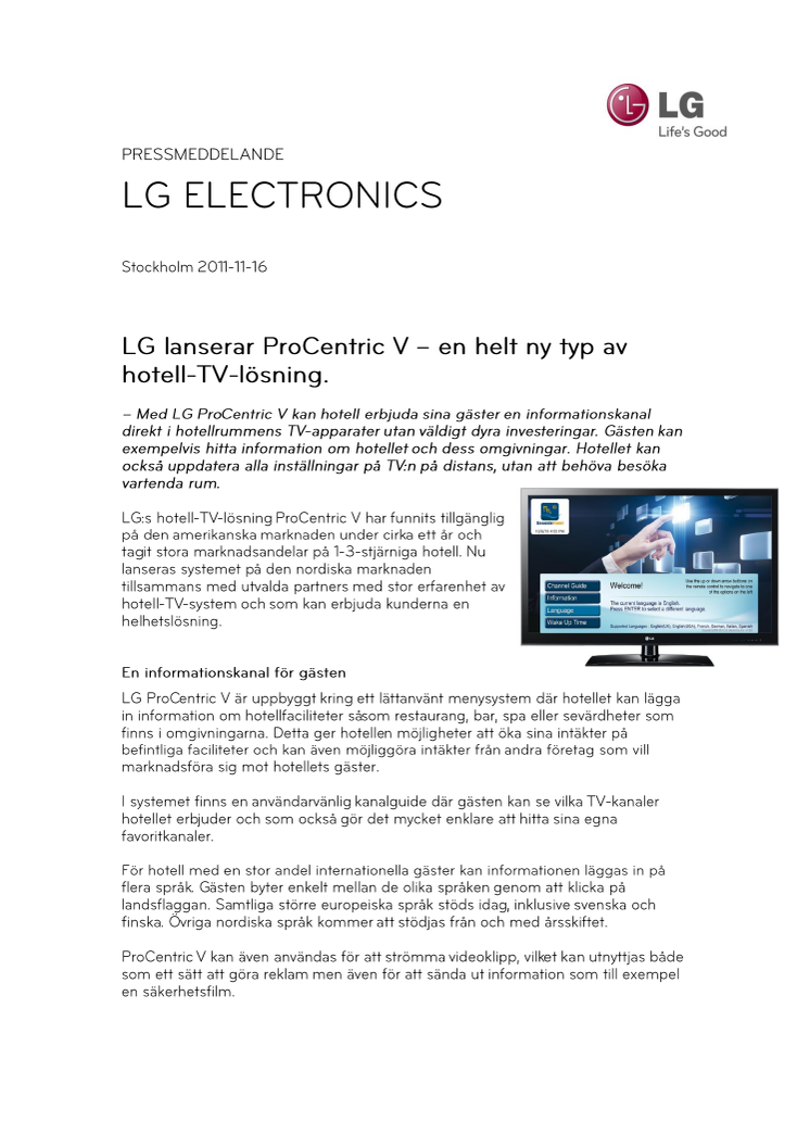 LG lanserar ProCentric V – en helt ny typ av hotell-TV-lösning