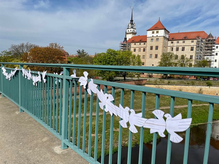 Torgau - Elbe Day: Friedenstauben an der Elbbrücke