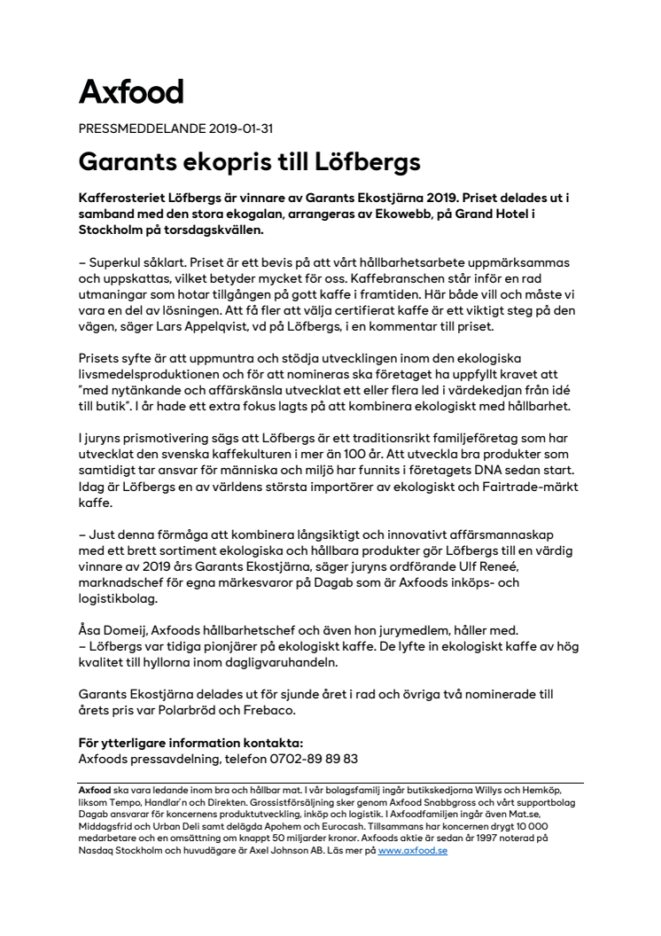 Garants ekopris till Löfbergs