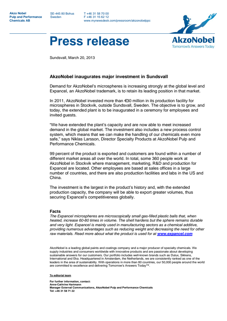 Press release: AkzoNobel inaugurates major investment in Sundsvall