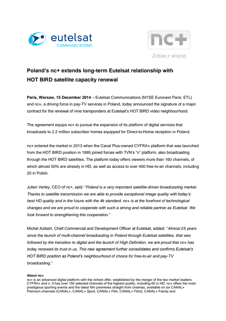 Poland’s nc+ extends long-term Eutelsat relationship with  HOT BIRD satellite capacity renewal