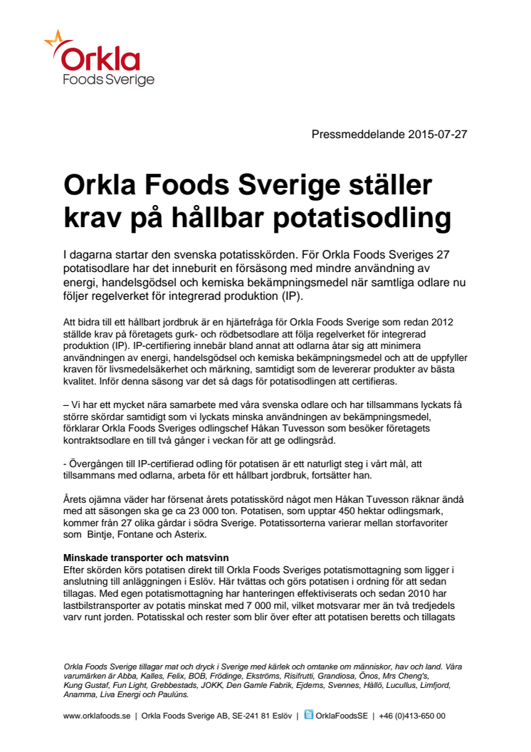 Orkla Foods Sverige ställer krav på hållbar potatisodling