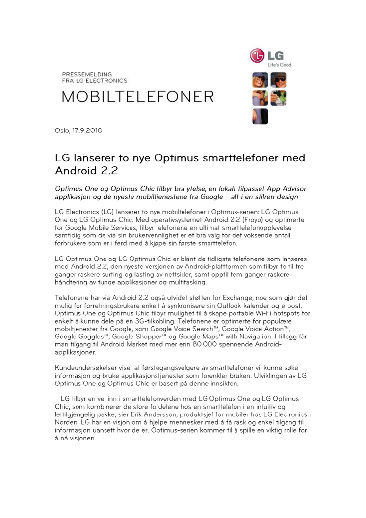 LG lanserer to nye Optimus smarttelefoner med Android 2.2