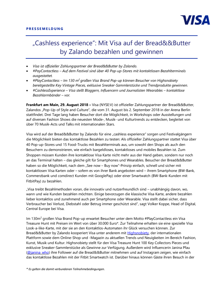 „Cashless experience“: Mit Visa auf der Bread&&Butter by Zalando bezahlen und gewinnen